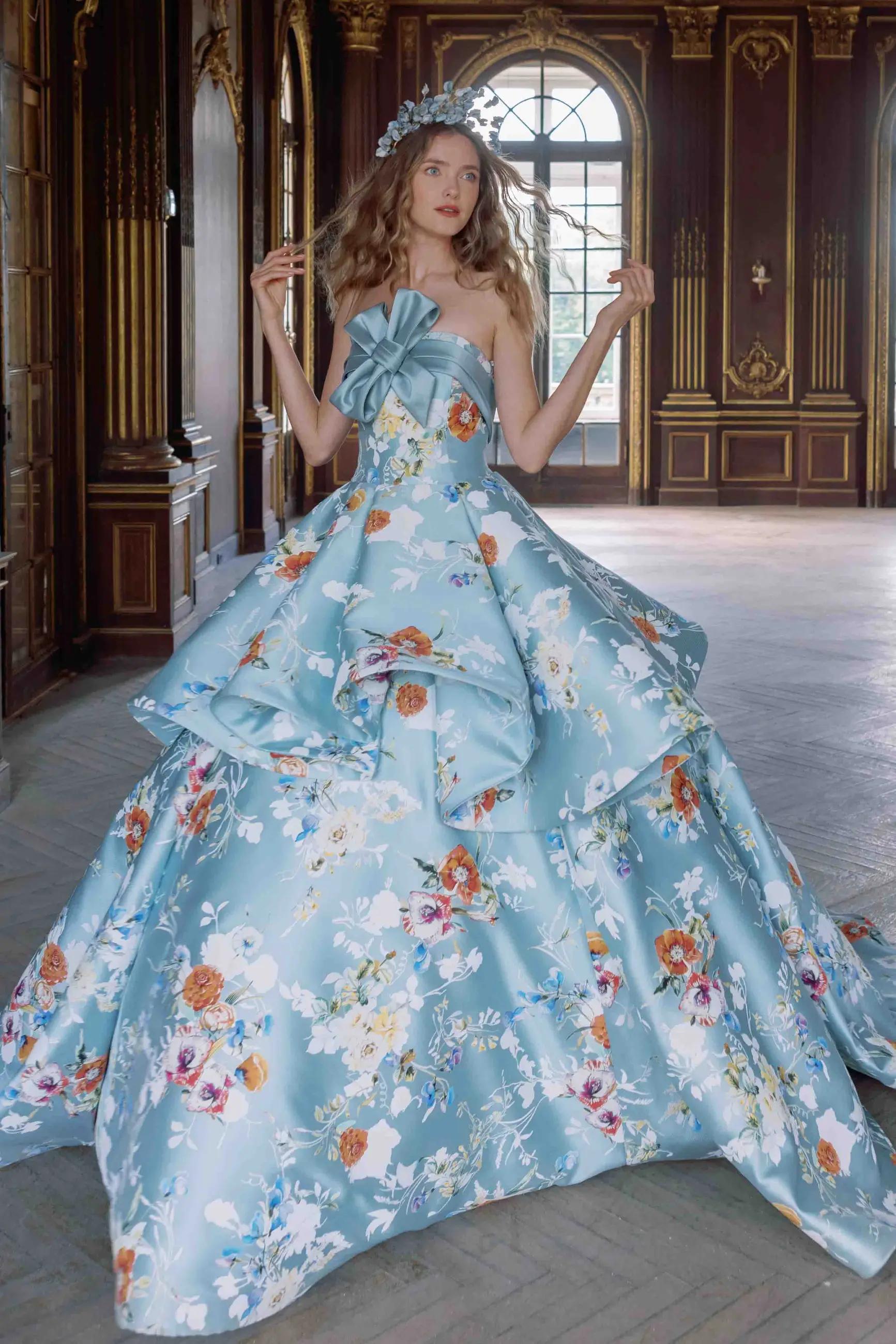 Model wearing ballgown Style dress